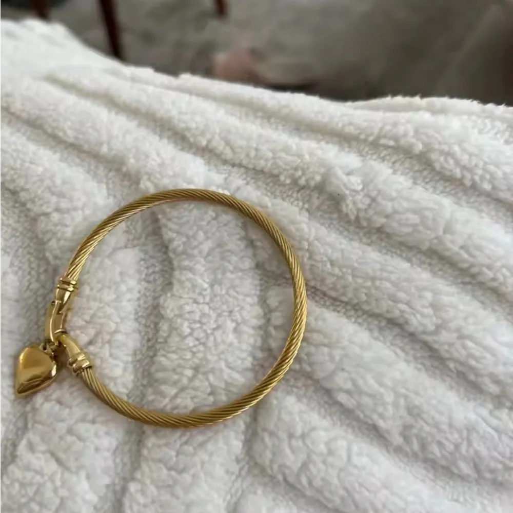 18k Gold Stainless Steel Heart Pendant Charm Bangle Bracelet